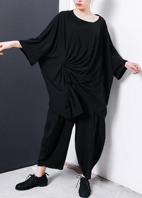 Women black Pakistani Irregular Design Unique cotton clothes For Pleated Solid Color T-Shirt - SooLinen