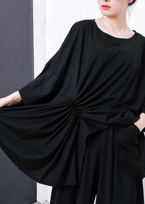 Women black Pakistani Irregular Design Unique cotton clothes For Pleated Solid Color T-Shirt - SooLinen