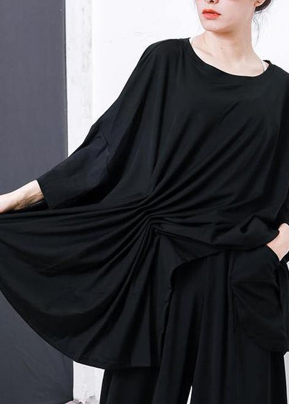 Women black Pakistani Irregular Design Unique cotton clothes For Pleated Solid Color T-Shirt - SooLinen