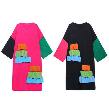 Women black Sweater Aesthetic Refashion o neck patchwork DIY knit dresses - SooLinen