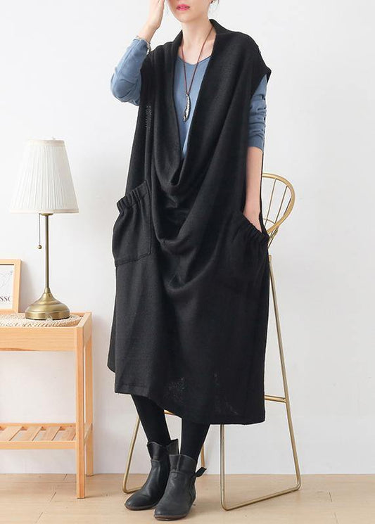 Women black Sweater dress outfit plus size o neck asymmetric Art knitwear - SooLinen