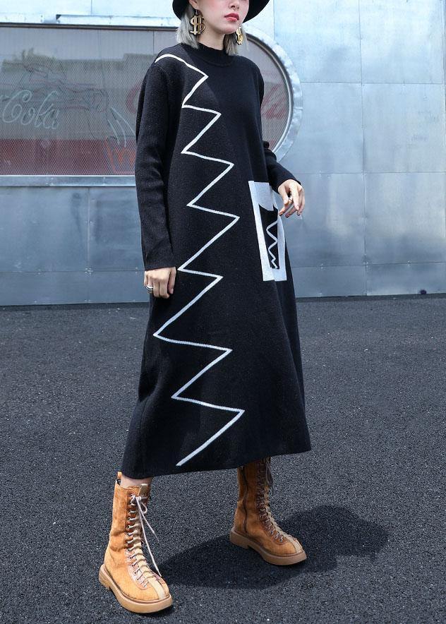 Women black Sweater dresses DIY patchwork color Ugly fall knitwear - SooLinen