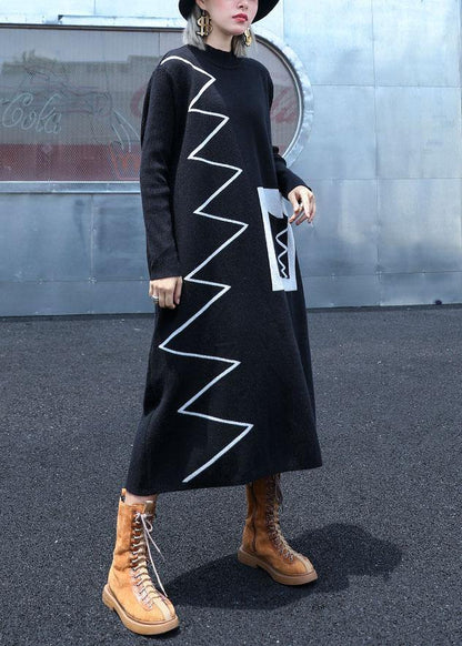 Women black Sweater dresses DIY patchwork color Ugly fall knitwear - SooLinen