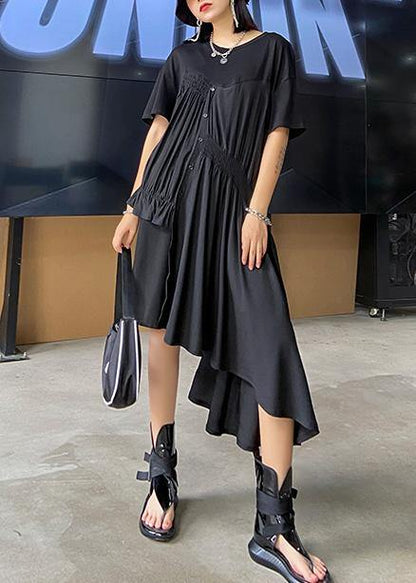 Women black Tunics o neck Cinched Maxi asymmetric Dress - SooLinen