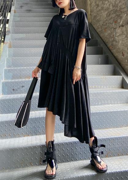 Women black Tunics o neck Cinched Maxi asymmetric Dress - SooLinen