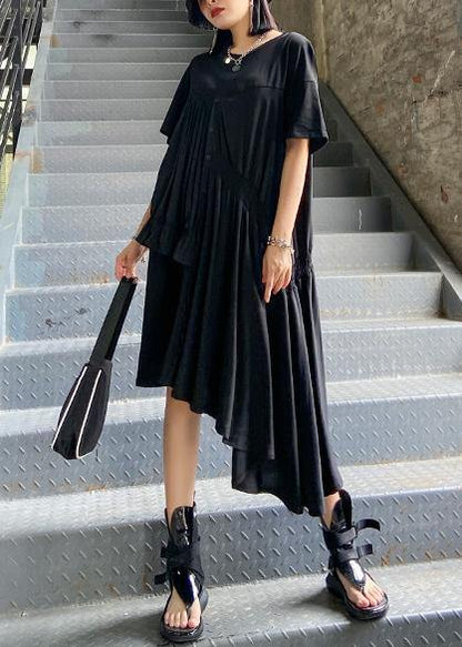 Women black Tunics o neck Cinched Maxi asymmetric Dress - SooLinen