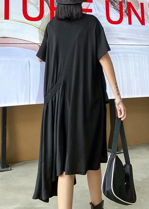 Women black Tunics o neck Cinched Maxi asymmetric Dress - SooLinen