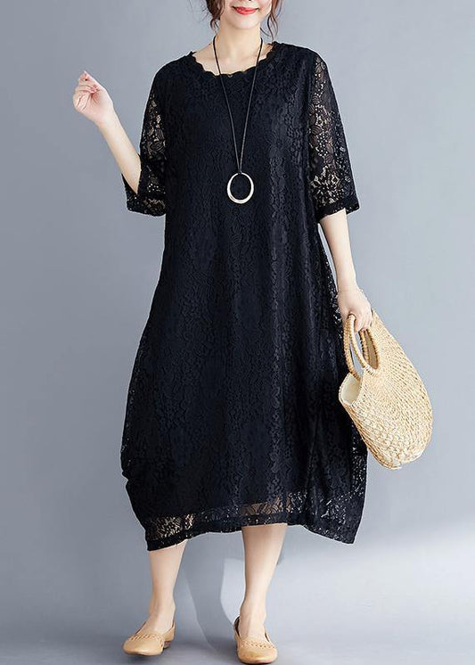 Women black cotton Tunic Mom Photography Half sleeve o neck loose Summer Dresses - SooLinen