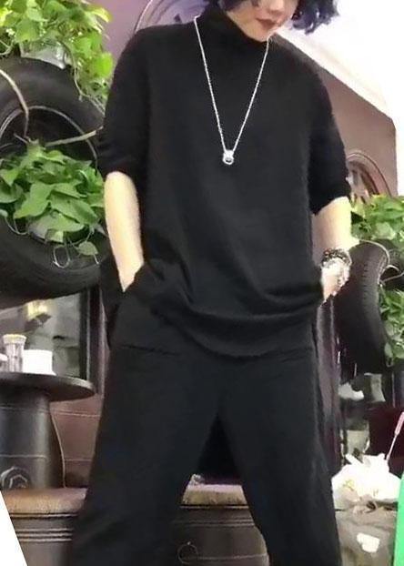 Women black cotton Tunic low high design silhouette autumn blouses - SooLinen