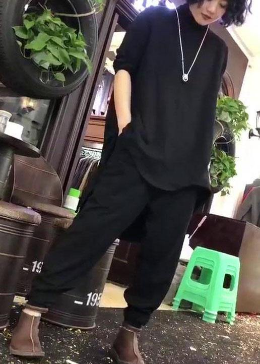 Women black cotton Tunic low high design silhouette autumn blouses - SooLinen