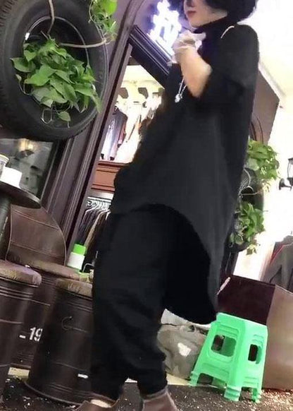 Women black cotton Tunic low high design silhouette autumn blouses - SooLinen