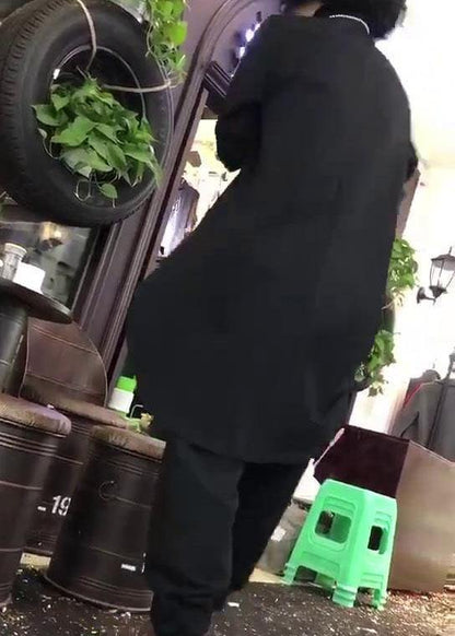 Women black cotton Tunic low high design silhouette autumn blouses - SooLinen