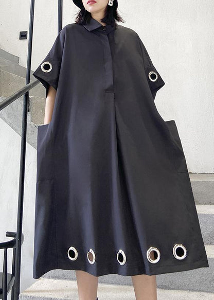 Women black cotton Tunics lapel patchwork Maxi summer Dress - SooLinen