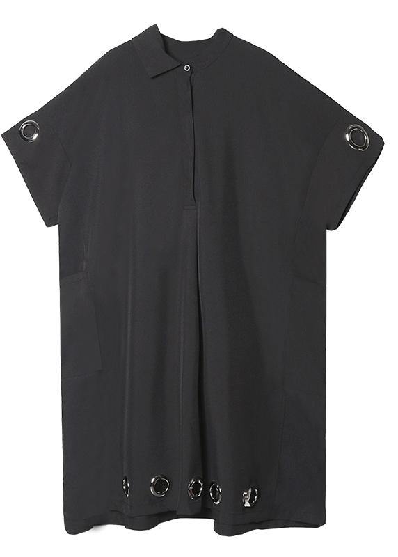 Women black cotton Tunics lapel patchwork Maxi summer Dress - SooLinen