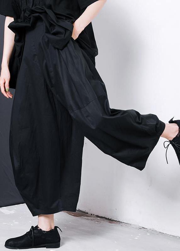 Women black cotton blended Solid Color Pleated Loose Bloomers - SooLinen