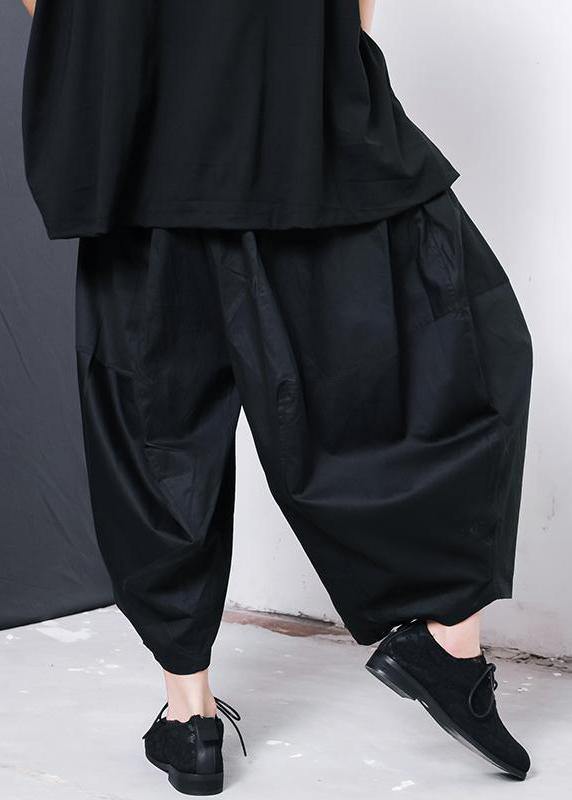 Women black cotton blended Solid Color Pleated Loose Bloomers - SooLinen