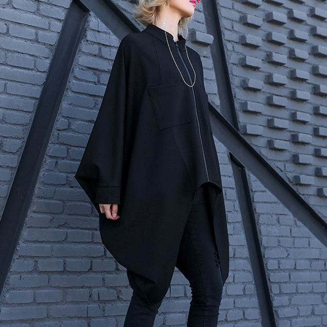 Schwarze Baumwollkleidung für Frauen in Übergröße mit Rundhalsausschnitt und extra großem Saum