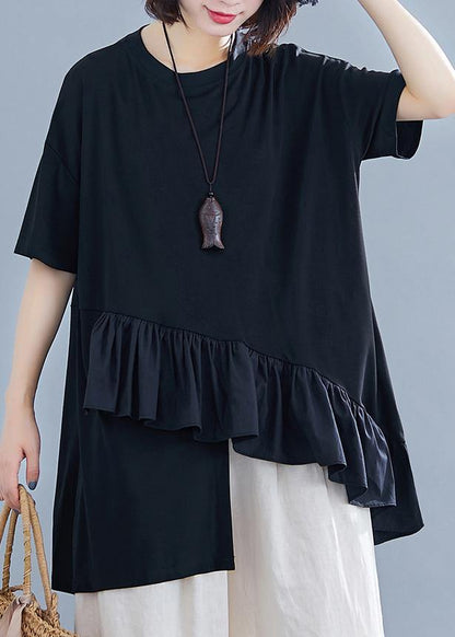 Women black cotton clothes For Women Ruffles asymmetric Midi summer blouses - SooLinen