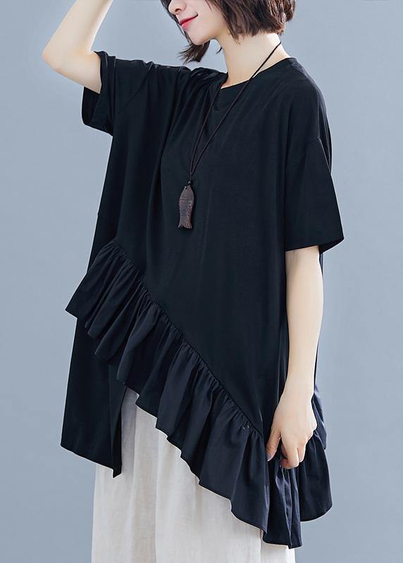 Women black cotton clothes For Women Ruffles asymmetric Midi summer blouses - SooLinen