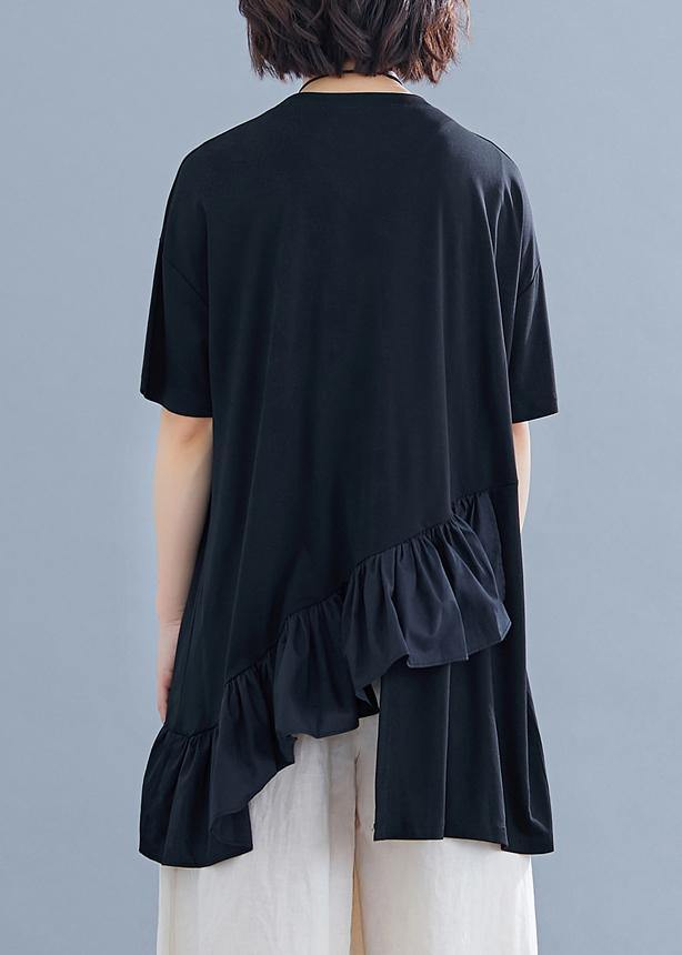 Women black cotton clothes For Women Ruffles asymmetric Midi summer blouses - SooLinen