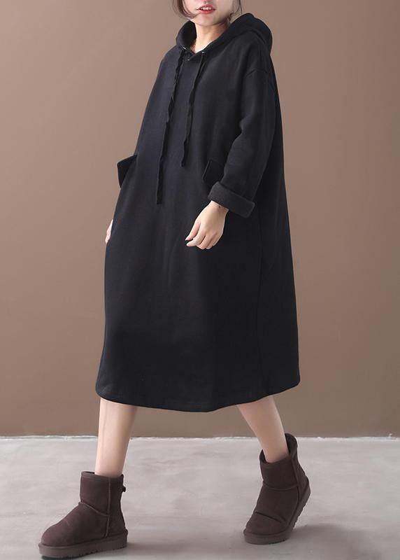 Women black cotton clothes Women hooded long winter Dress - SooLinen