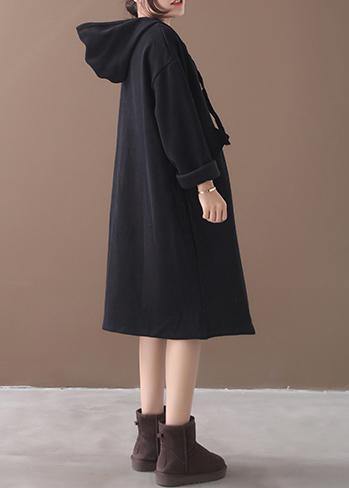 Women black cotton clothes Women hooded long winter Dress - SooLinen