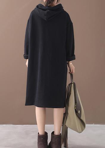 Women black cotton clothes Women hooded long winter Dress - SooLinen