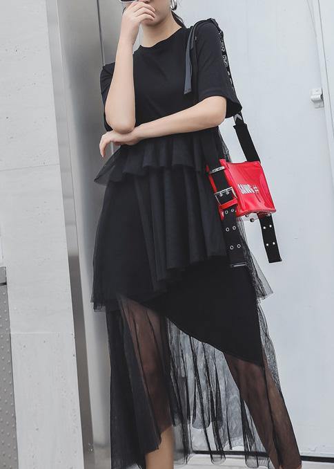 Women black cotton clothes patchwork tulle Maxi summer Dresses - SooLinen