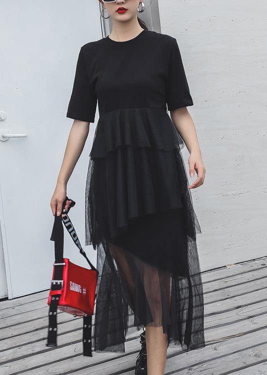 Women black cotton clothes patchwork tulle Maxi summer Dresses - SooLinen