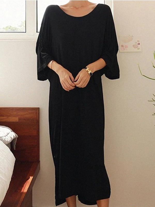 Women black cotton dresses o neck Cinched Kaftan summer Dresses - SooLinen