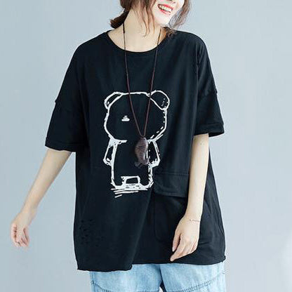 Damen schwarze Baumwoll-Leinen-Tops Damen Feiner Ausschnitt Fledermausärmel O-Ausschnitt Box Shirts