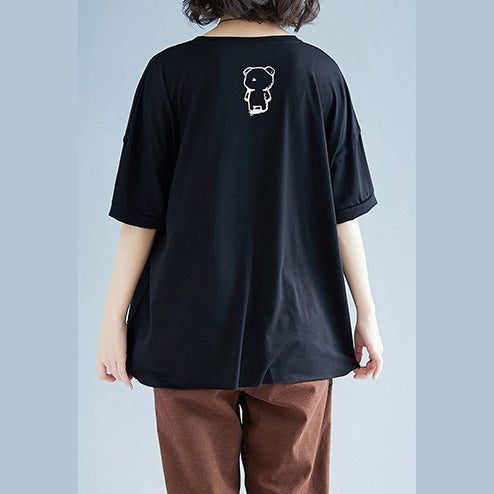 Damen schwarze Baumwoll-Leinen-Tops Damen Feiner Ausschnitt Fledermausärmel O-Ausschnitt Box Shirts