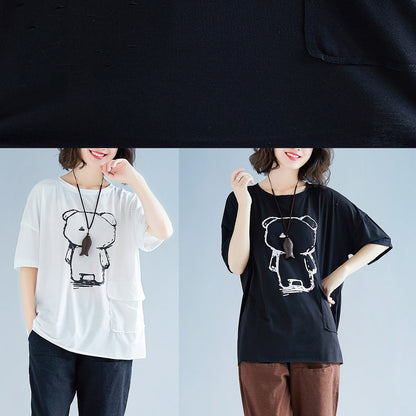 Damen schwarze Baumwoll-Leinen-Tops Damen Feiner Ausschnitt Fledermausärmel O-Ausschnitt Box Shirts