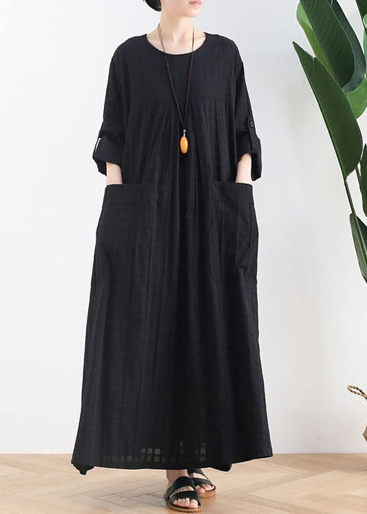 Women black cotton quilting dresses o neck Batwing Sleeve Maxi Dresses - SooLinen