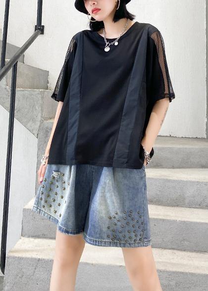 Women black cotton shirts o neck patchwork tulle summer blouses - SooLinen