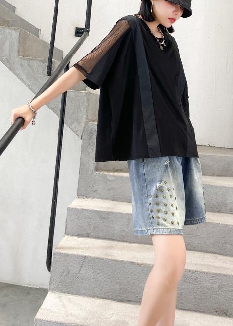 Women black cotton shirts o neck patchwork tulle summer blouses - SooLinen