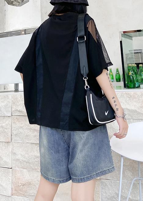 Women black cotton shirts o neck patchwork tulle summer blouses - SooLinen