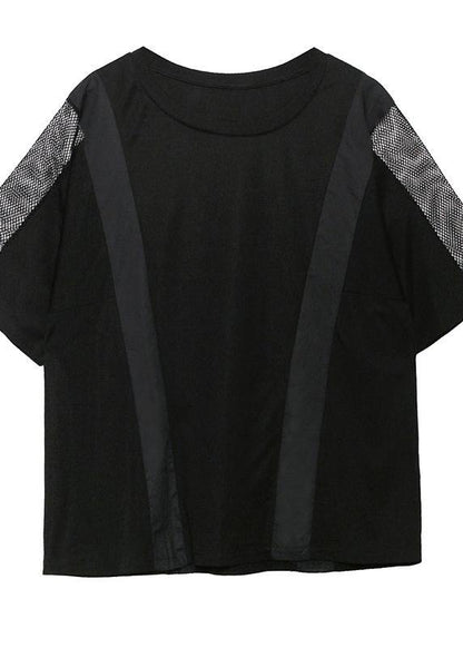 Women black cotton shirts o neck patchwork tulle summer blouses - SooLinen