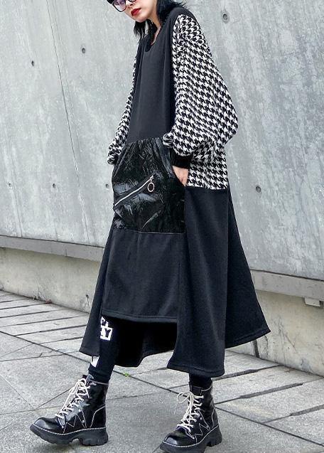 Women black cotton tunic dress asymmetric hem A Line patchwork Dresses - SooLinen