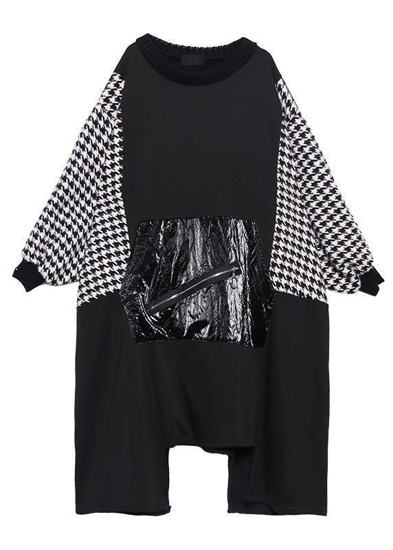 Women black cotton tunic dress asymmetric hem A Line patchwork Dresses - SooLinen