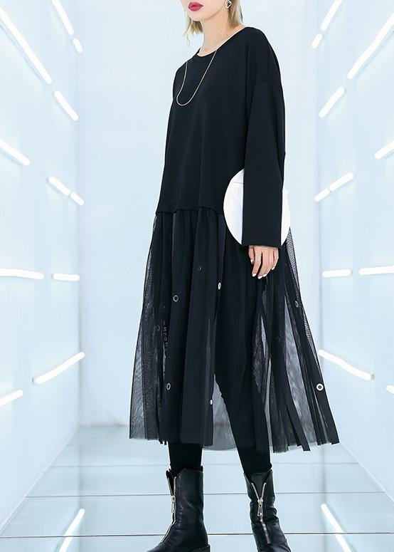 Women black cotton tunic top patchwork Traveling summer Dress - SooLinen