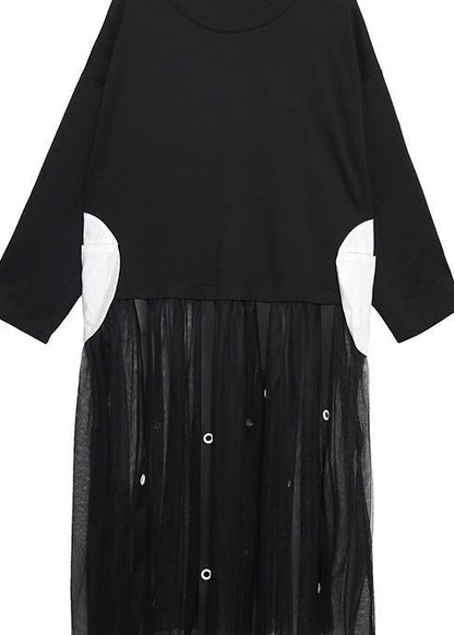 Women black cotton tunic top patchwork Traveling summer Dress - SooLinen