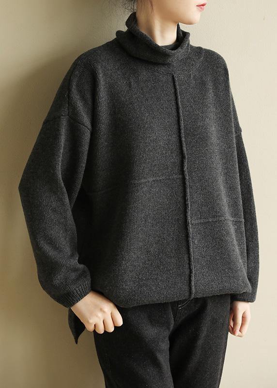 Women black gray knitted clothes patchwork trendy plus size Turtleneck knit tops - SooLinen