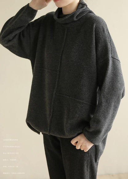 Women black gray knitted clothes patchwork trendy plus size Turtleneck knit tops - SooLinen