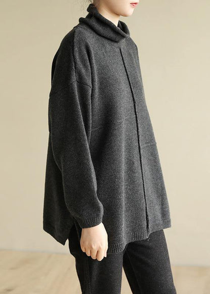 Women black gray knitted clothes patchwork trendy plus size Turtleneck knit tops - SooLinen