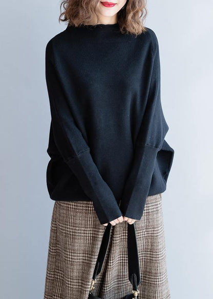 Women black knitted clothes o neck Batwing Sleeve trendy plus size fall knitwear - SooLinen