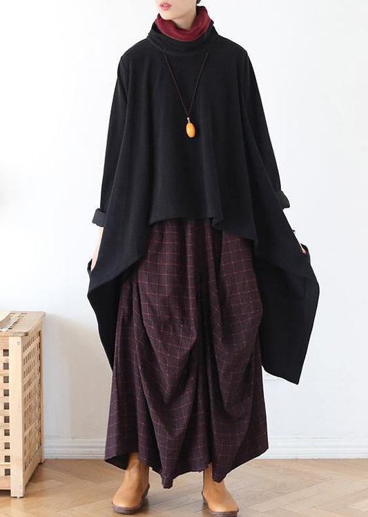 Women black knit blouse asymmetric hem oversize high neck knit tops - SooLinen