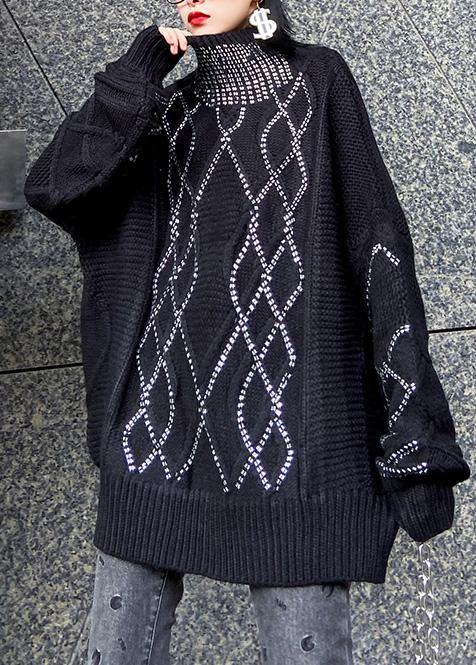 Women black knitted t shirt Sequined fashion high neck sweaters - SooLinen