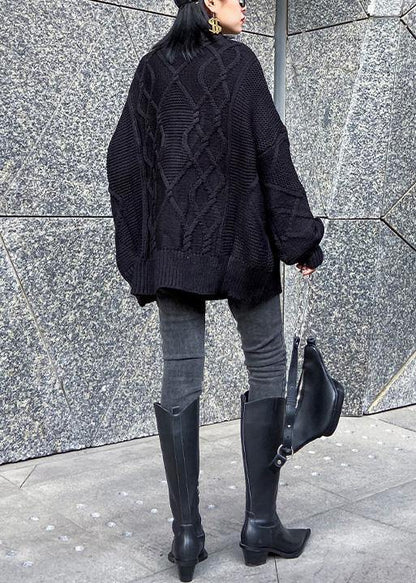 Women black knitted t shirt Sequined fashion high neck sweaters - SooLinen