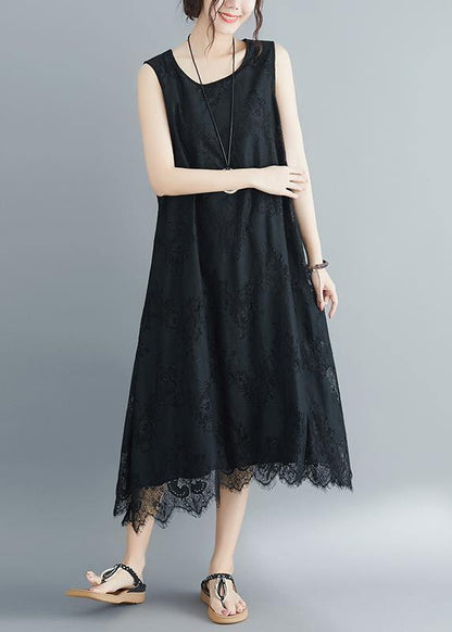 Women black laceclothes For Women o neck Kaftan summer sleeveless Dress - SooLinen